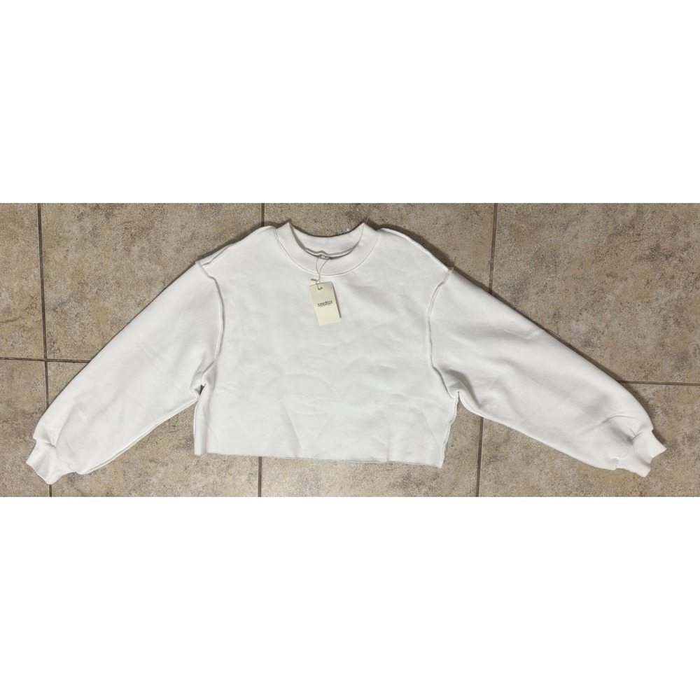 NWT Amazhiyu Women's White Cropped Fleece Sweatshirt Size S Raw Hem Long Sleeve